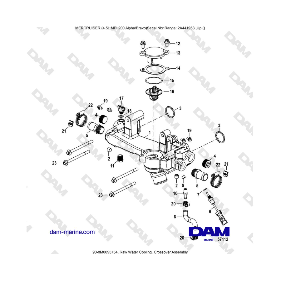 Mercruiser 4.5L MPI - Enfriamiento de agua cruda, ensamblaje cruzado