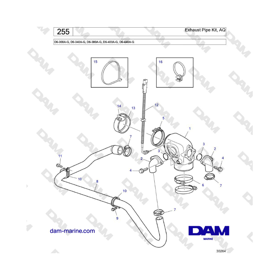 Volvo Penta D6-300 / D6-340 / D6-380 / D6-400 / D6-440 / D6-480 (G) - Exhaust Pipe Kit, AQ