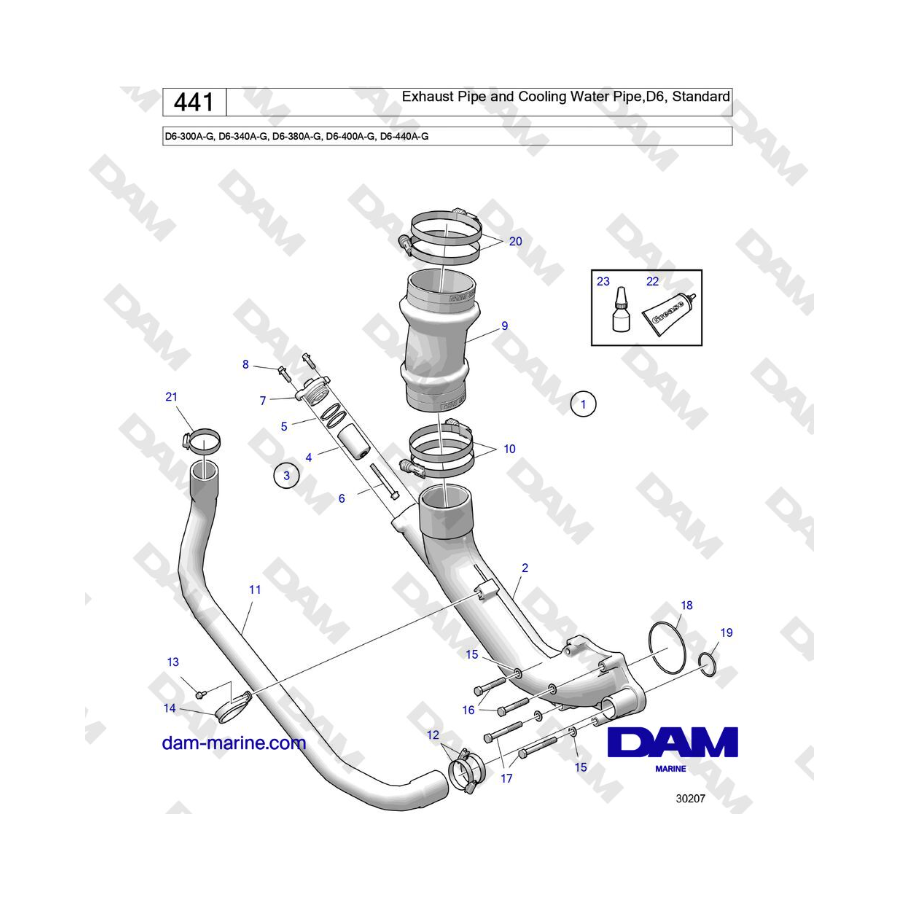 Volvo Penta D6-300 / D6-340 / D6-380 / D6-400 / D6-440 / D6-480 (G) - Exhaust Pipe and Cooling Water Pipe,D6, Standard