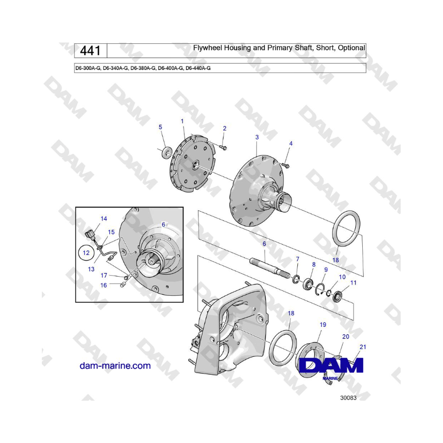 Volvo Penta D6-300 / D6-340 / D6-380 / D6-400 / D6-440 / D6-480 (G) - Carcasa del volante y eje primario, estándar