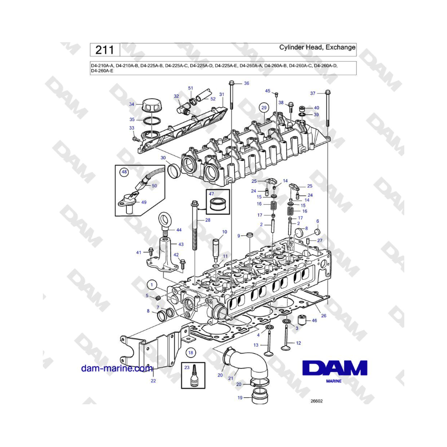 Volvo Penta D4-210A / D4-225A / D4-260A - Culata, cambio