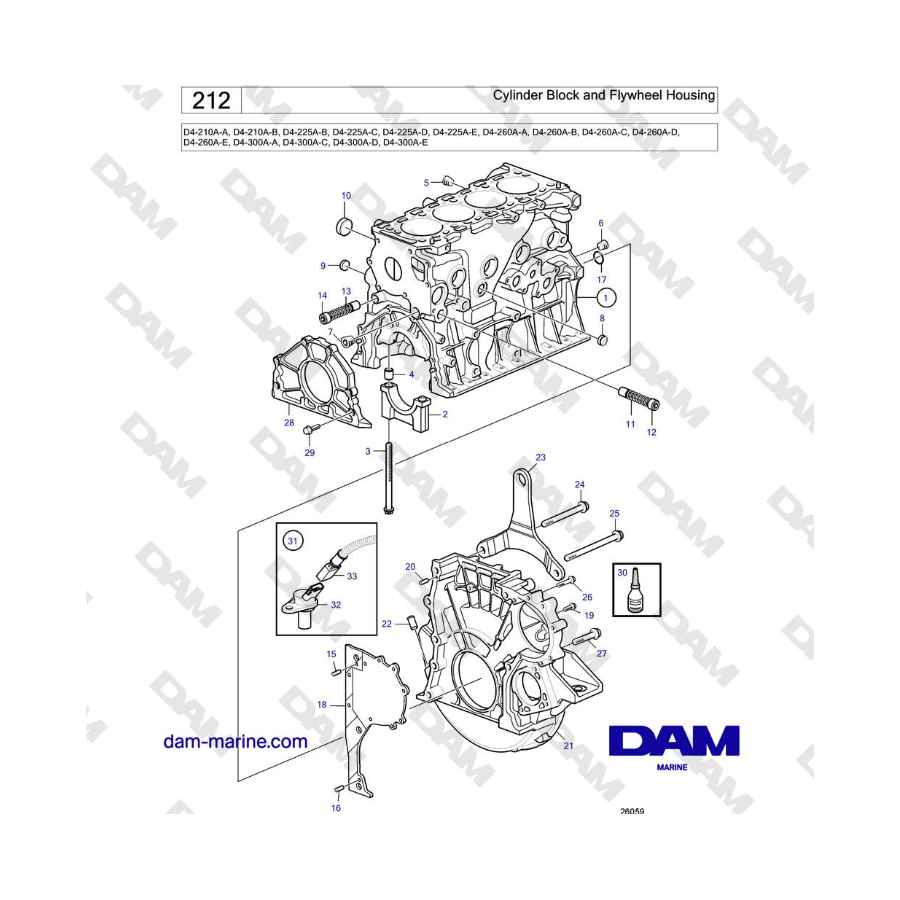 Volvo Penta D4-210 / D4-225 / D4-260 / D4-300 - Cylinder Block and Flywheel Housing