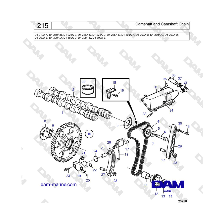 Volvo Penta D4-210 / D4-225 / D4-260 / D4-300 (A) - Camshaft and Camshaft Chain