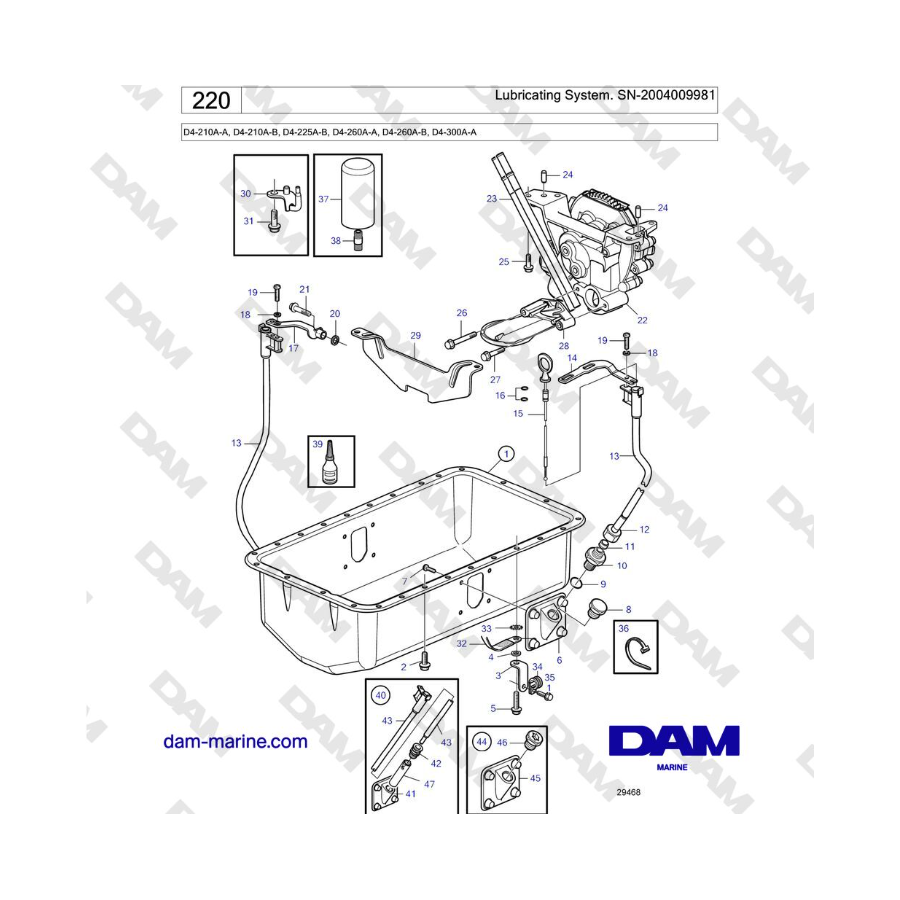 Volvo Penta D4-210A-A, D4-210A-B, D4-225A-B, D4-260A-A, D4-260A-B, D4-300A-A - Lubricating System. SN-2004009981