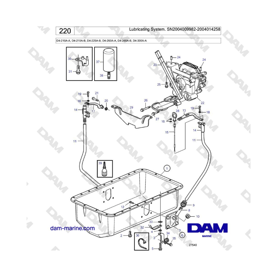 Volvo Penta D4-210A-A, D4-210A-B, D4-225A-B, D4-260A-A, D4-260A-B, D4-300A-A - Lubricating System.