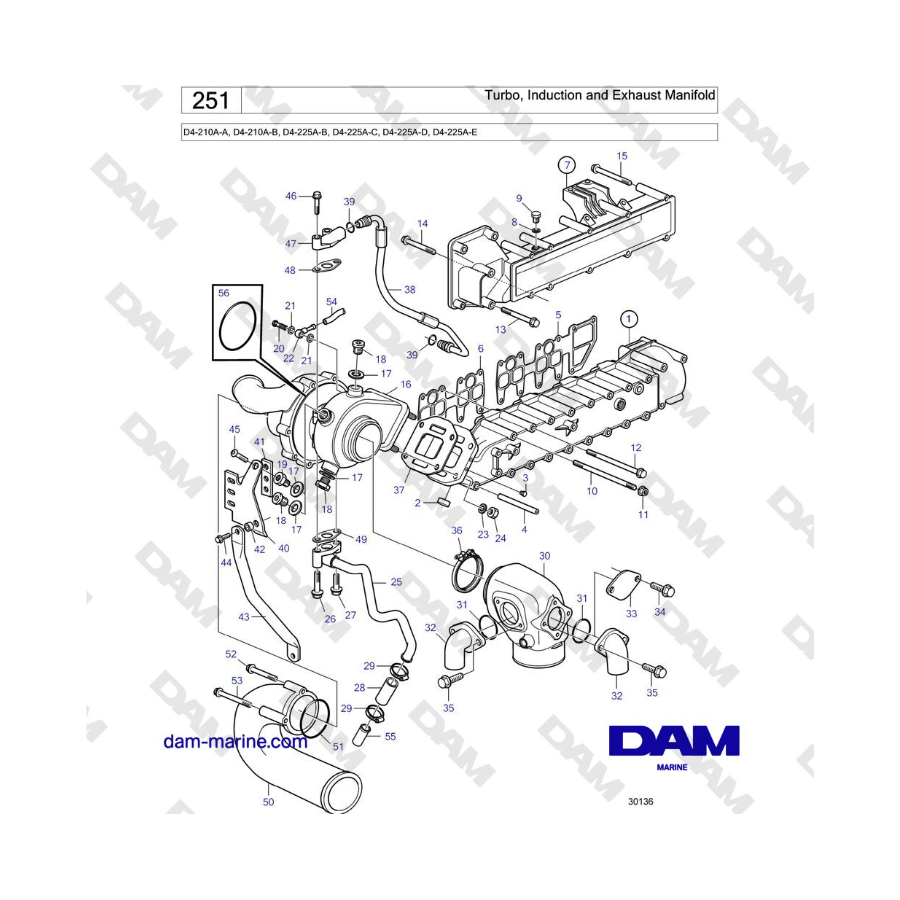 Volvo Penta D4-210A-A, D4-210A-B, D4-225A-B, D4-225A-C, D4-225A-D, D4-225A-E - Colector Turbo, Admisión y Escape