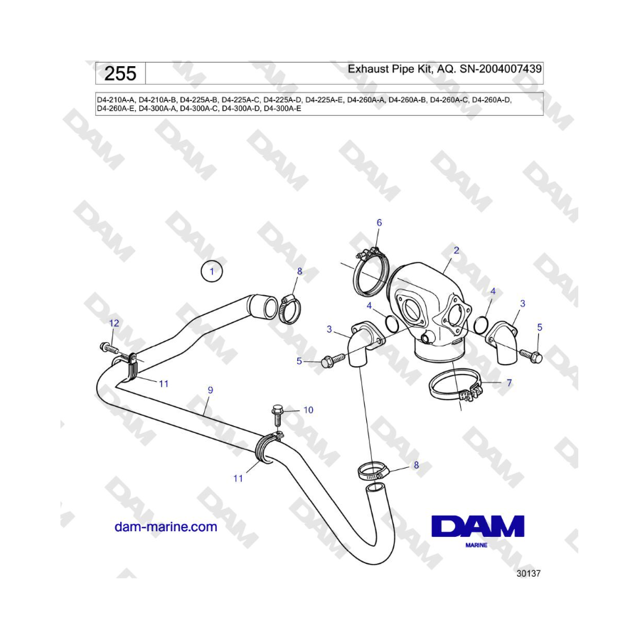 Volvo Penta D4-210 / D4-225 / D4-260 / D4-300 - Exhaust Pipe Kit, AQ. SN-2004007439