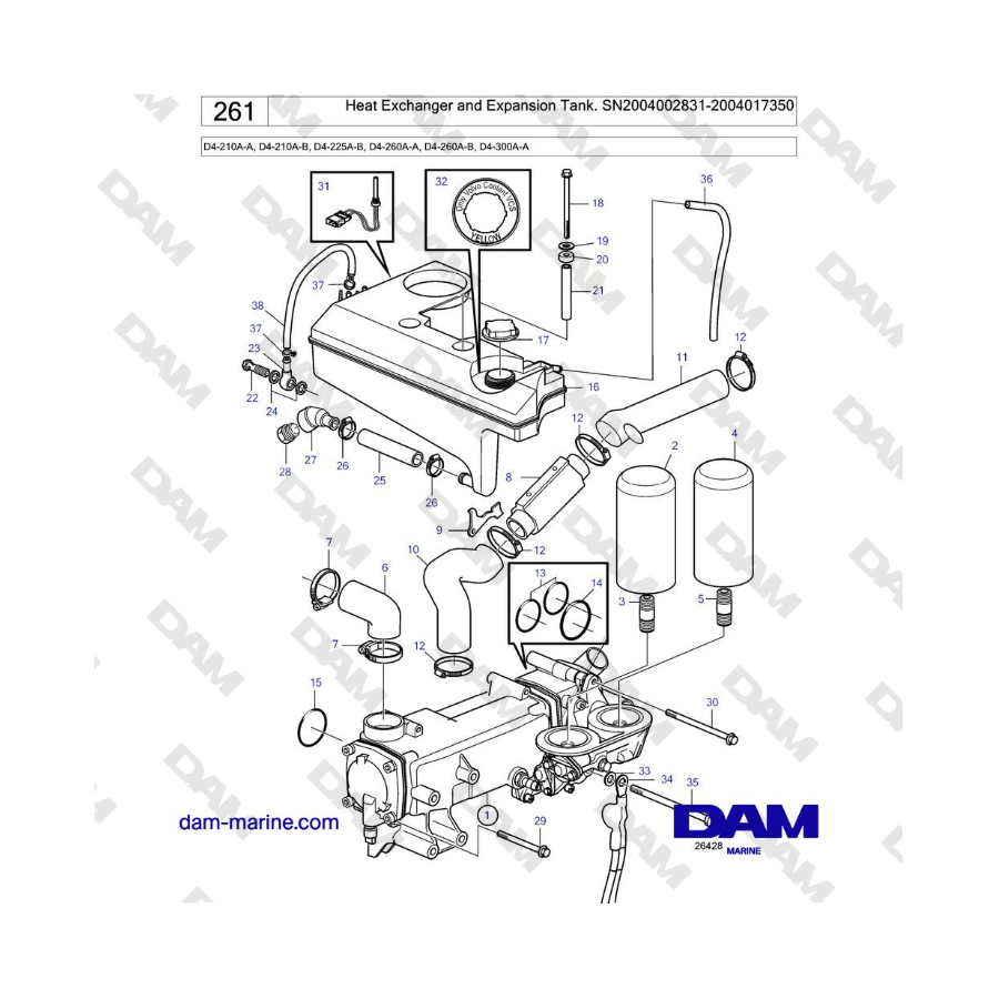 Volvo Penta D4-210A-A, D4-210A-B, D4-225A-B, D4-260A-A, D4-260A-B, D4-300A-A - Heat Exchanger and Expansion Tank