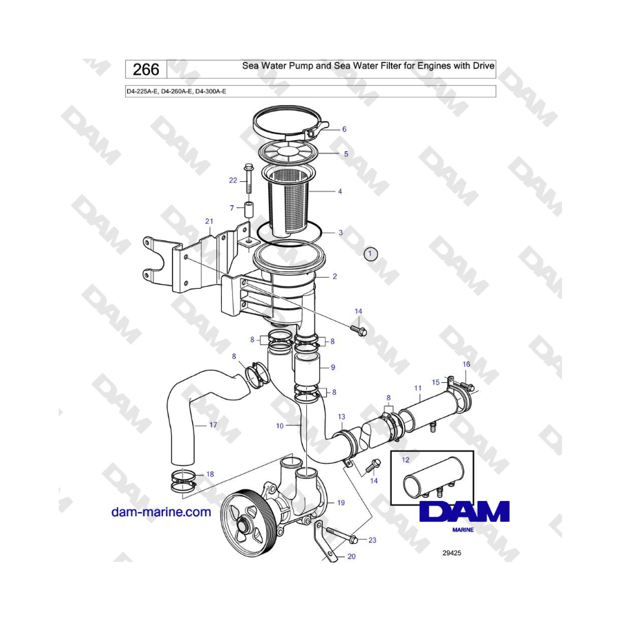 Volvo Penta D4-225A-E, D4-260A-E, D4-300A-E - Bomba de agua de mar y filtro de agua de mar para motores con accionamiento