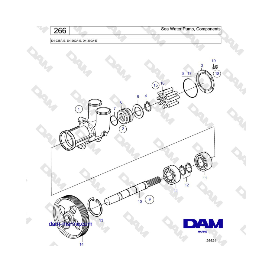 Volvo Penta D4-225A-E, D4-260A-E, D4-300A-E - Sea Water Pump, Components