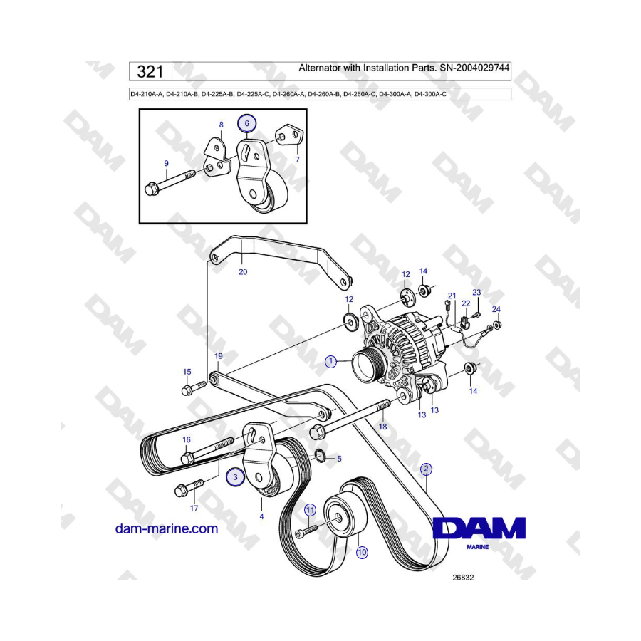 Volvo Penta D4-210 / D4-225 / D4-260 / D4-300 - Alternador con piezas de instalación.