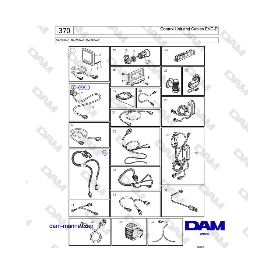 Volvo Penta D4-225A-E, D4-260A-E, D4-300A-E - Control Unit and Cables EVC-D