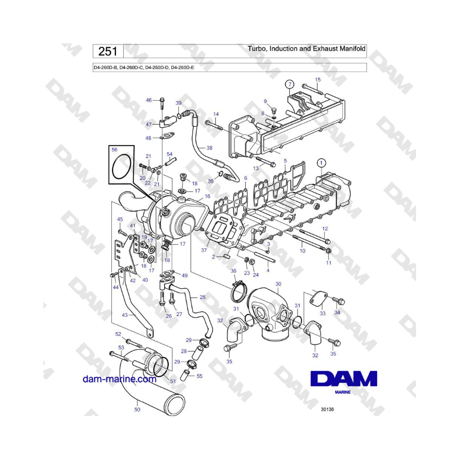 Volvo Penta D4-260D-B, D4-260D-C, D4-260D-D, D4-260D-E - Colector Turbo, Admisión y Escape