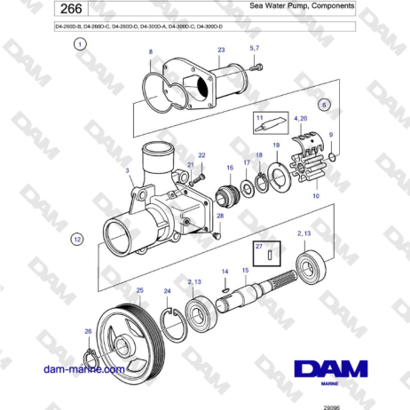 Volvo Penta D4-260D / D4-300D - Sea Water Pump, Components - DAM Marine