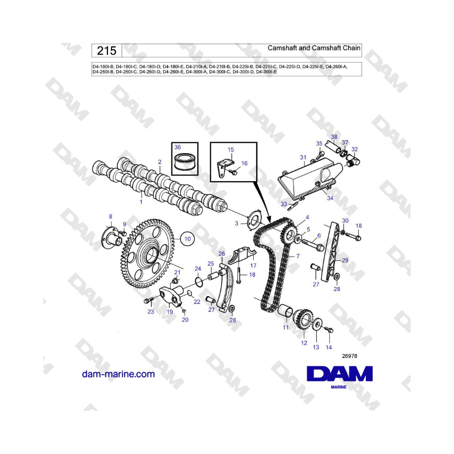 Volvo Penta D4-180I / D4-210I / D4-225I / D4-260I - Árbol de levas y cadena de árbol de levas