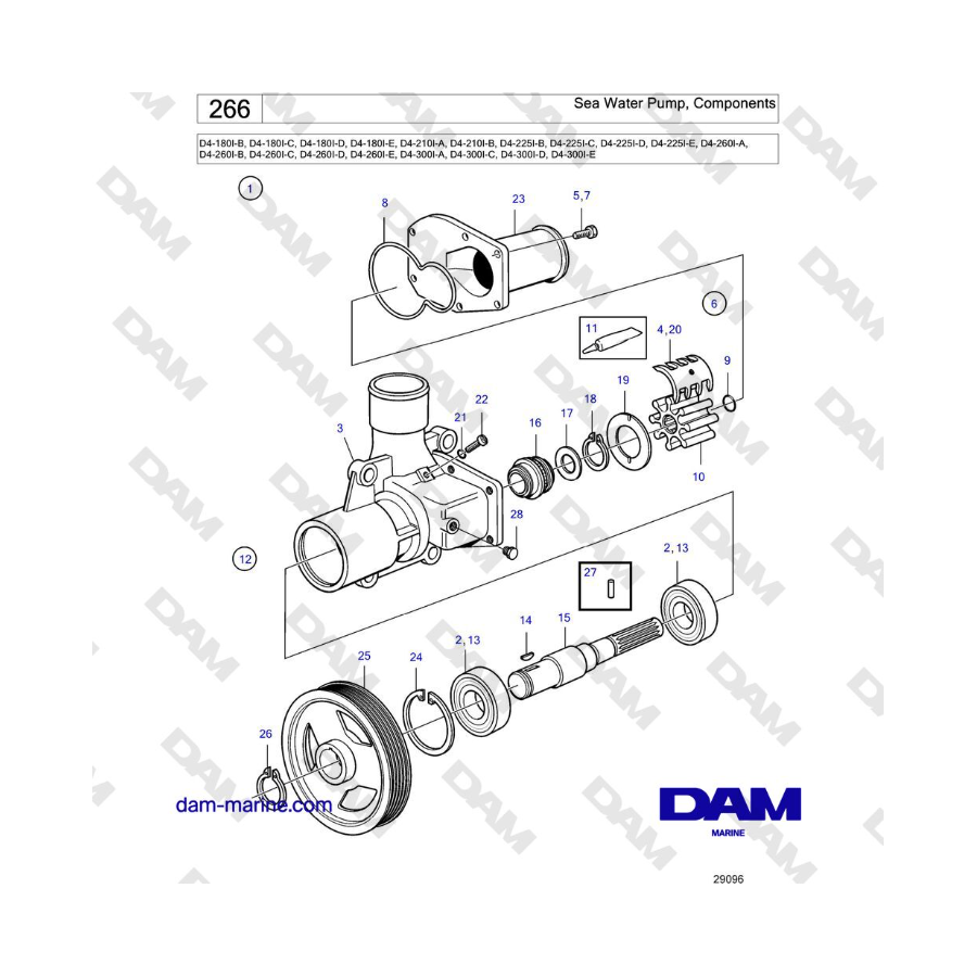 Volvo Penta D4-180I / D4-210I / D4-225I / D4-260I / D4-300I - Bomba de agua de mar, Componentes