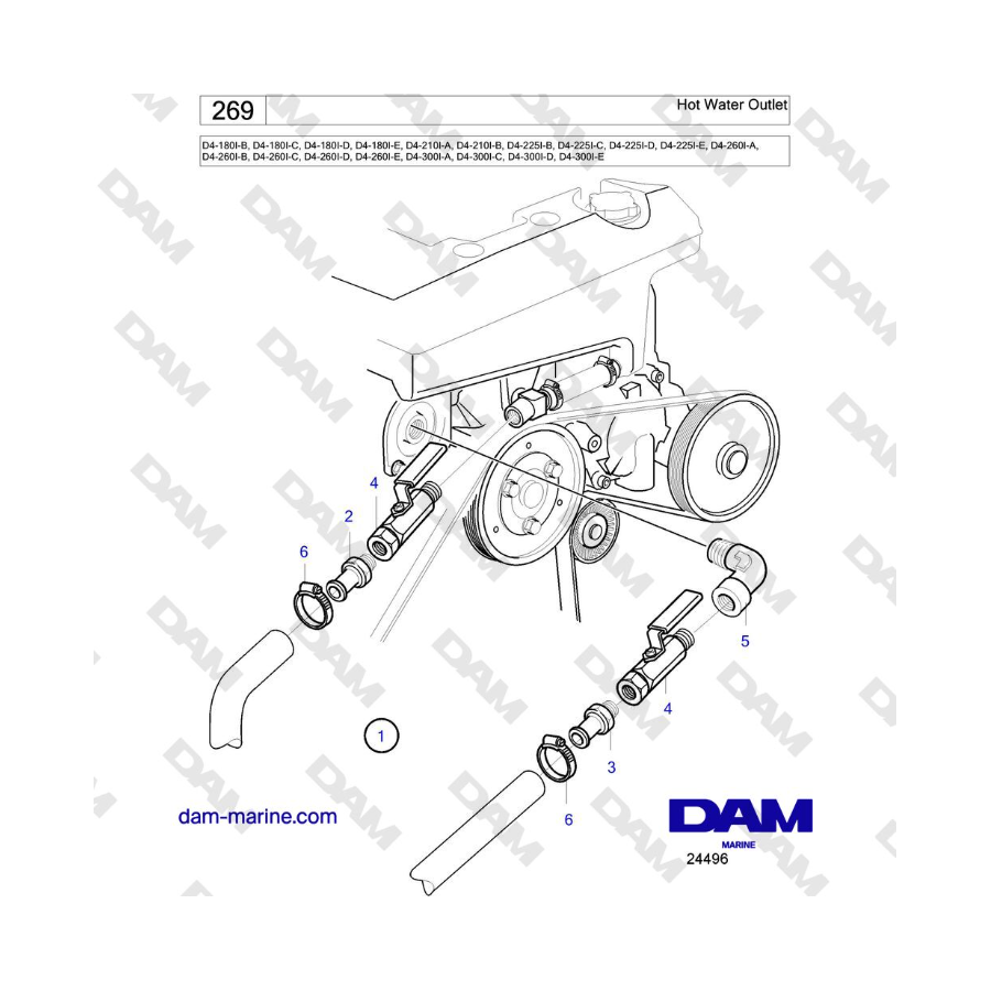 Volvo Penta D4-180I / D4-210I / D4-225I / D4-260I / D4-300I - Salida de agua caliente