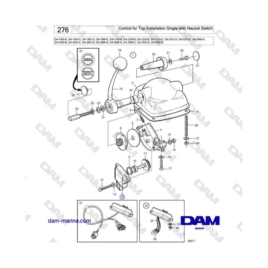 Volvo Penta D4-180I / D4-210I / D4-225I / D4-260I / D4-300I - Control for Top Installation Single with Neutral Switch