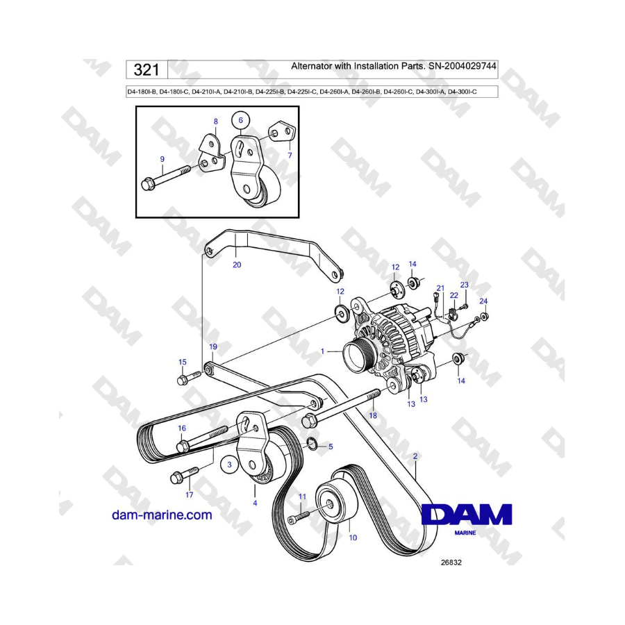 Volvo Penta D4-180I / D4-210I / D4-225I / D4-260I / D4-300I - Alternador con piezas de instalación.