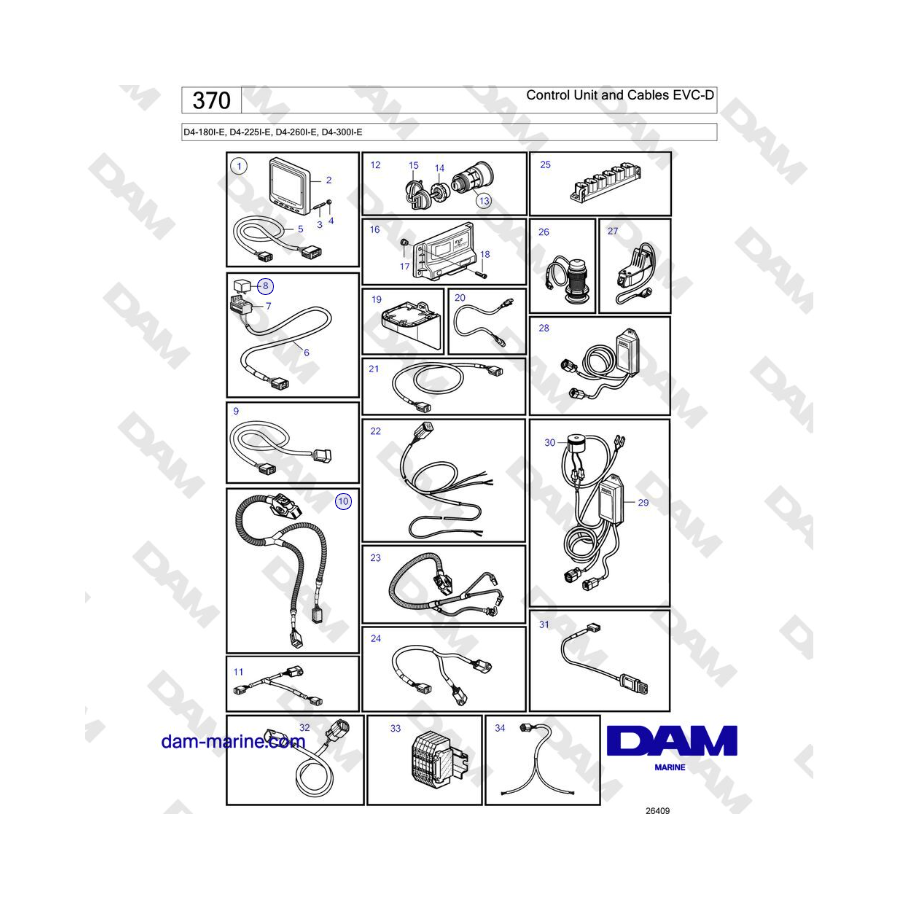 Volvo Penta D4-180I / D4-210I / D4-225I / D4-260I / D4-300I - Control Unit and Cables EVC-D