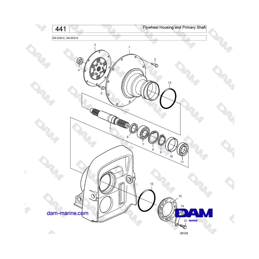 Volvo Penta D4-225I-C, D4-225I-D - Caja del volante y eje primario