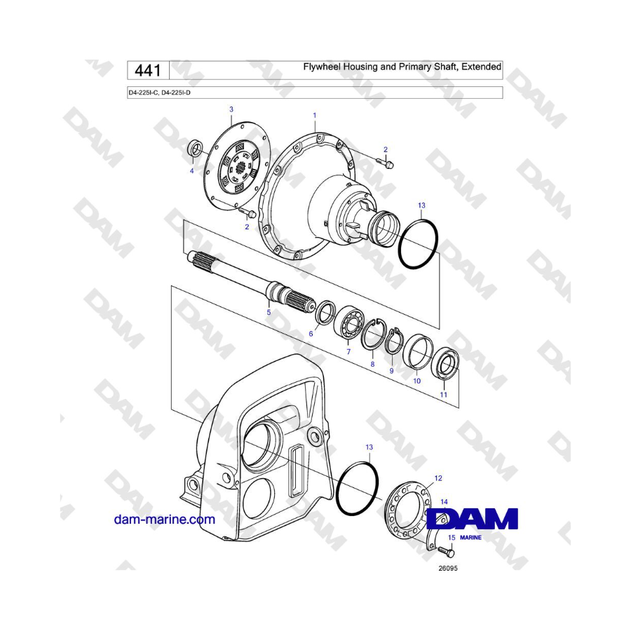 Volvo Penta D4-225I-C, D4-225I-D - Carcasa del volante y eje primario, extendido