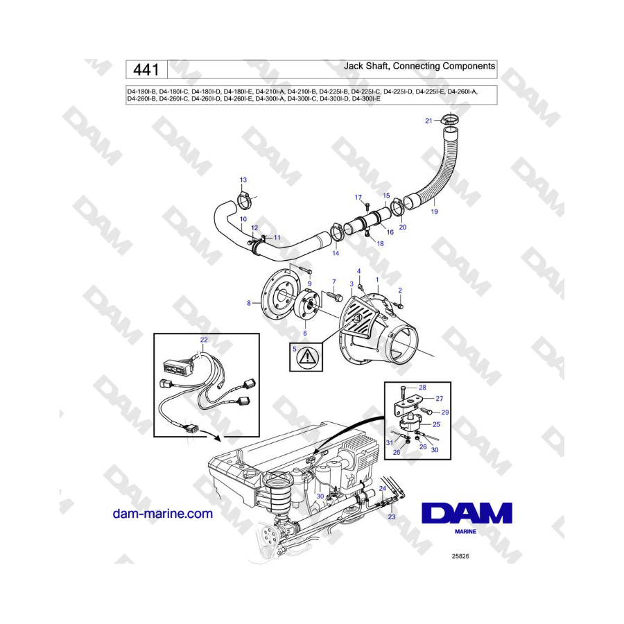 Volvo Penta D4-180I / D4-210I / D4-225I / D4-260I / D4-300I - Eje del gato, componentes de conexión