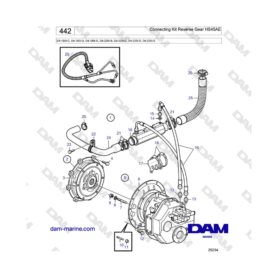 Volvo Penta D4-180I-C, D4-180I-D, D4-180I-E, D4-225I-B, D4-225I-C, D4-225I-D, D4-225I-E - Connecting Kit Reverse Gear HS45AE