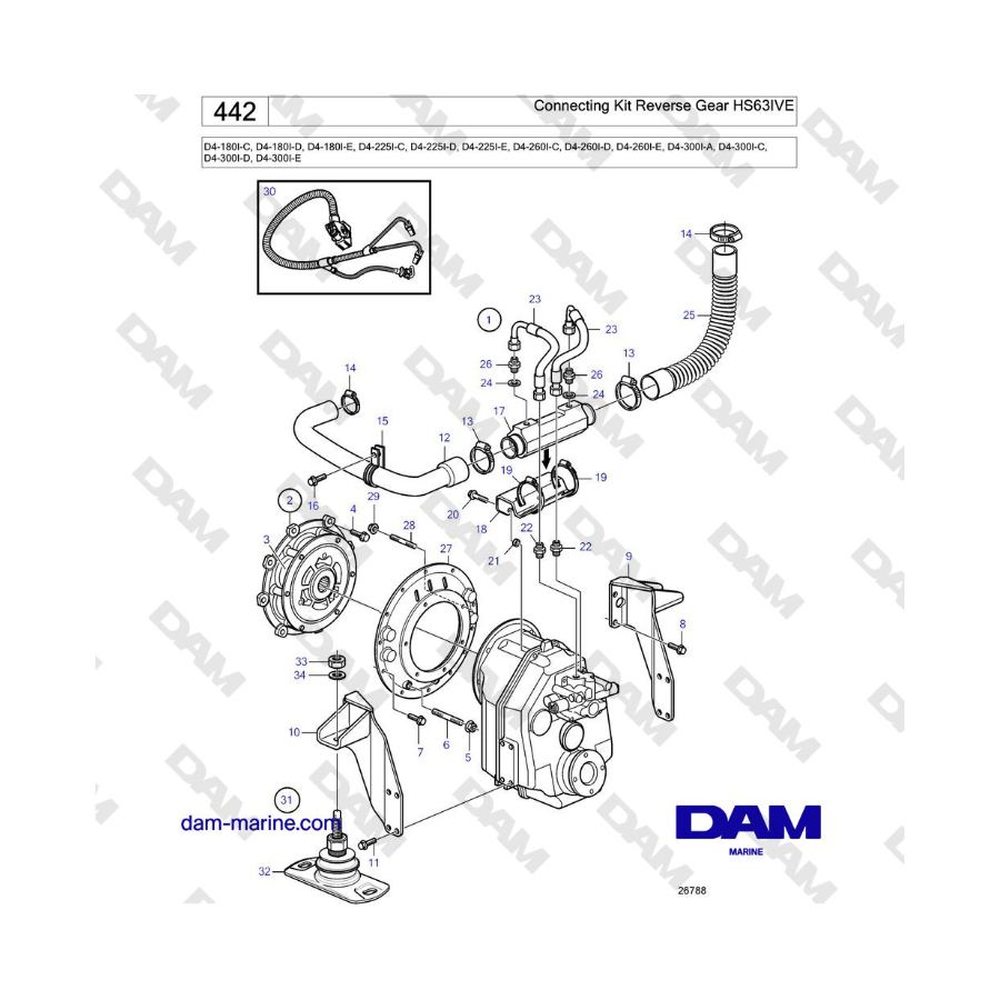 Volvo Penta D4-180I / D4-210I / D4-225I / D4-260I / D4-300I - Kit de conexión Marcha atrás HS63IVE