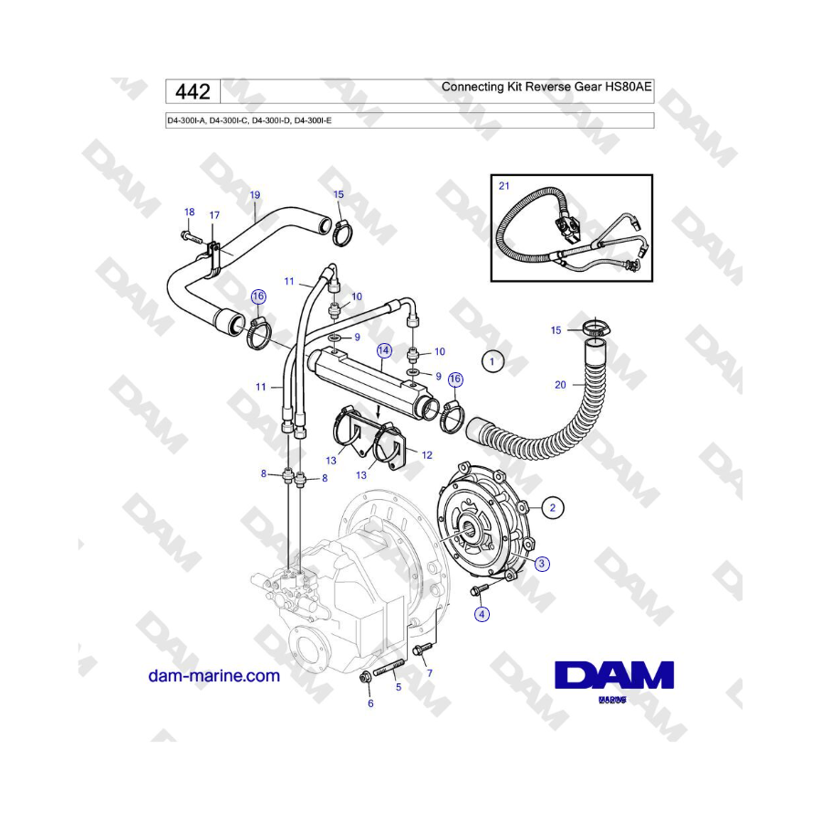 Volvo Penta D4-300I-A, D4-300I-C, D4-300I-D, D4-300I-E - Kit de conexión marcha atrás HS80AE