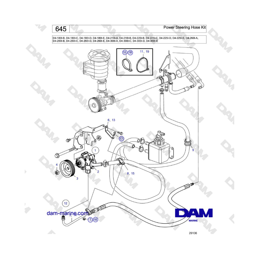 Volvo Penta D4-180I / D4-210I / D4-225I / D4-260I / D4-300I - Kit de manguera de dirección asistida