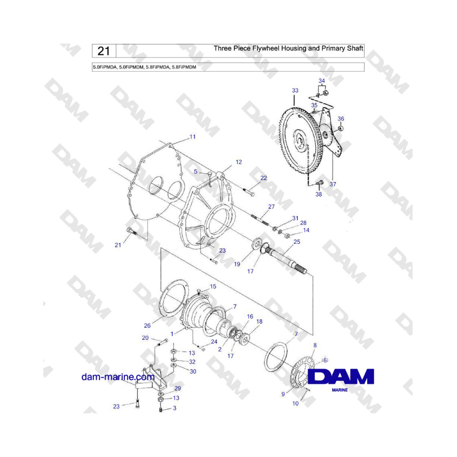 Volvo Penta 5.0L FI - Caja del volante de tres piezas y eje primario