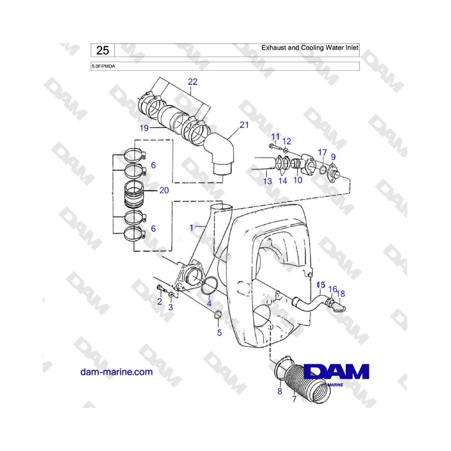 Volvo Penta 5.0L FI - Escape y entrada de agua de refrigeración