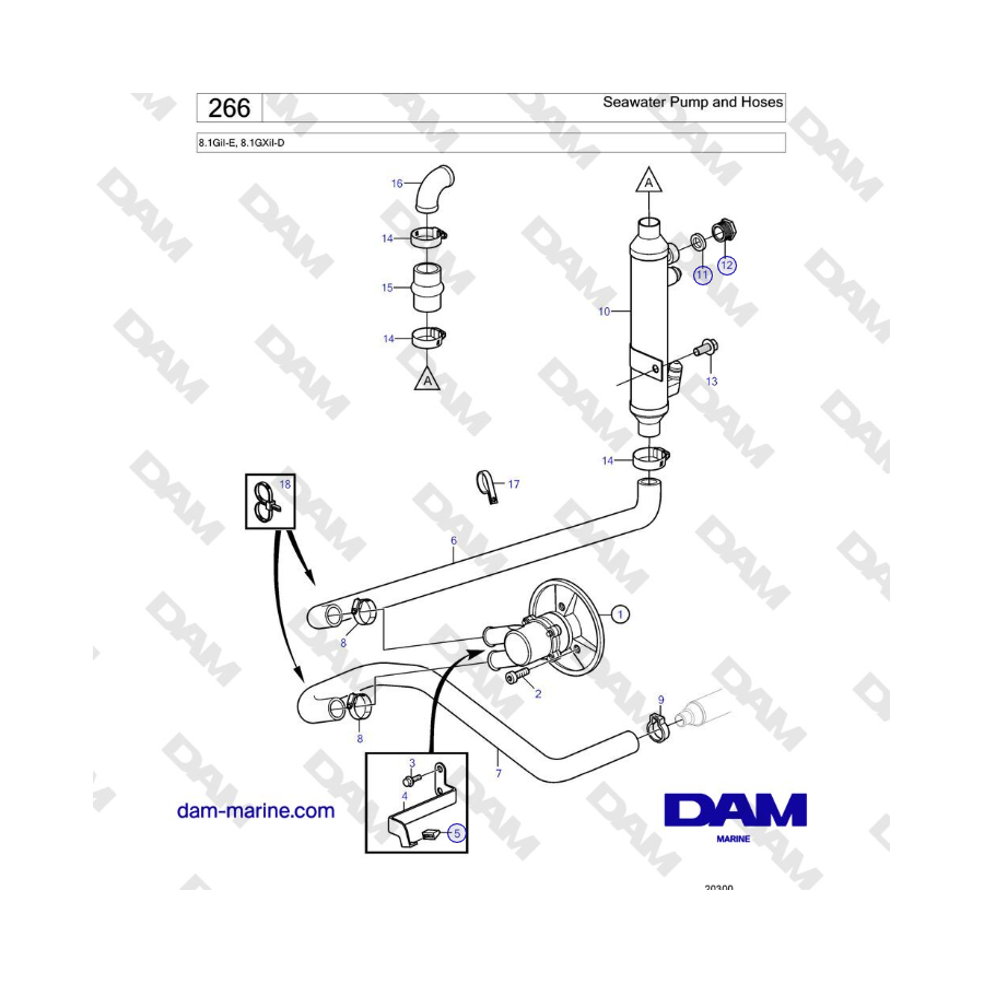 Volvo Penta 8.1L OSI - Bomba de agua de mar y mangueras