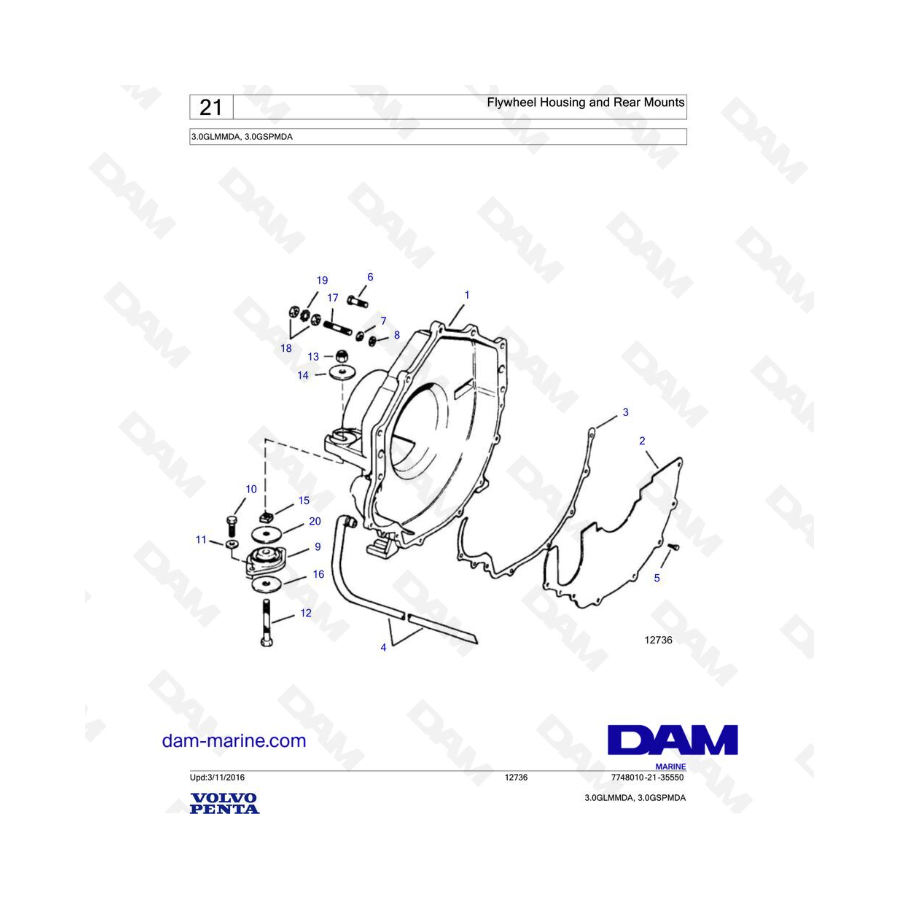 Volvo Penta 3.0L GL - Carcasa del volante y soportes traseros