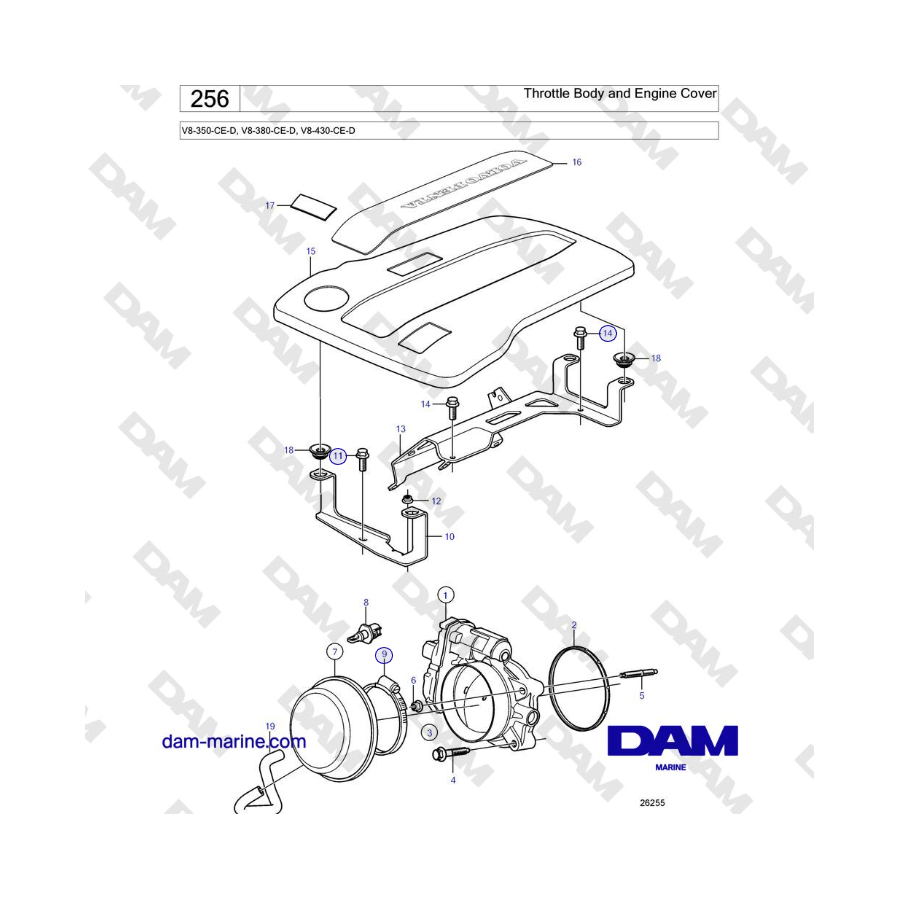 Volvo Penta V8-430 - Cuerpo de mariposa y tapa del motor