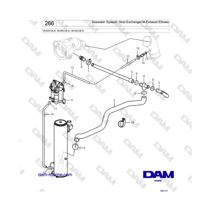 Volvo Penta V8-430 - Seawater System: Heat Exchanger to Exhaust Elbows