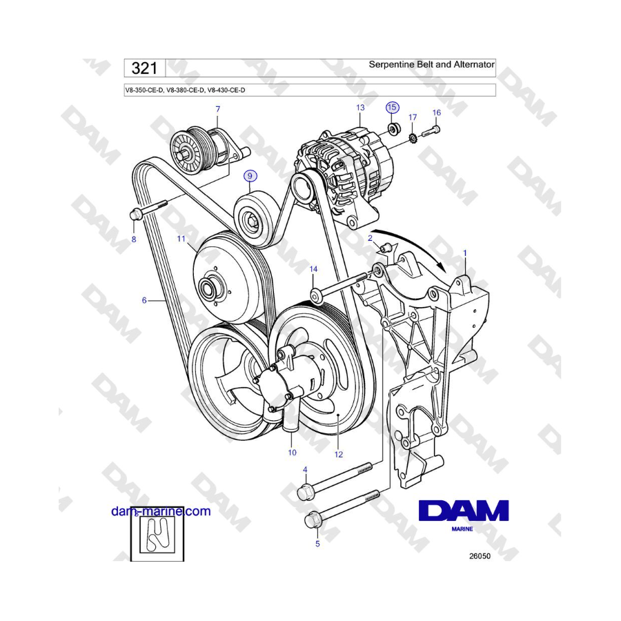 Volvo Penta V8-430 - Correa serpentina y alternador