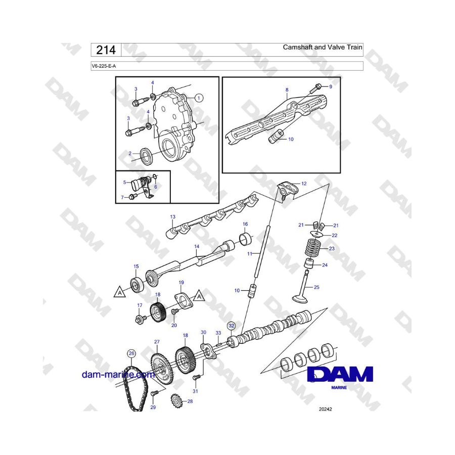 Volvo Penta V6-225 - Árbol de levas y tren de válvulas