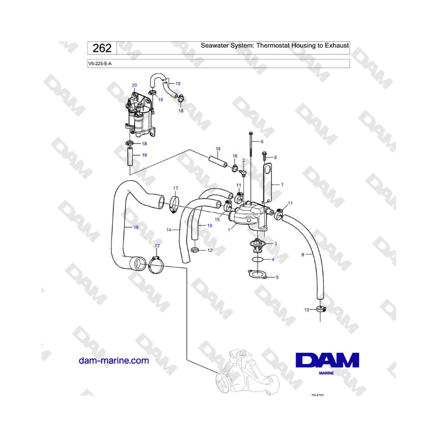 Volvo Penta V6-225 - Seawater System: Thermostat Housing to Exhaust