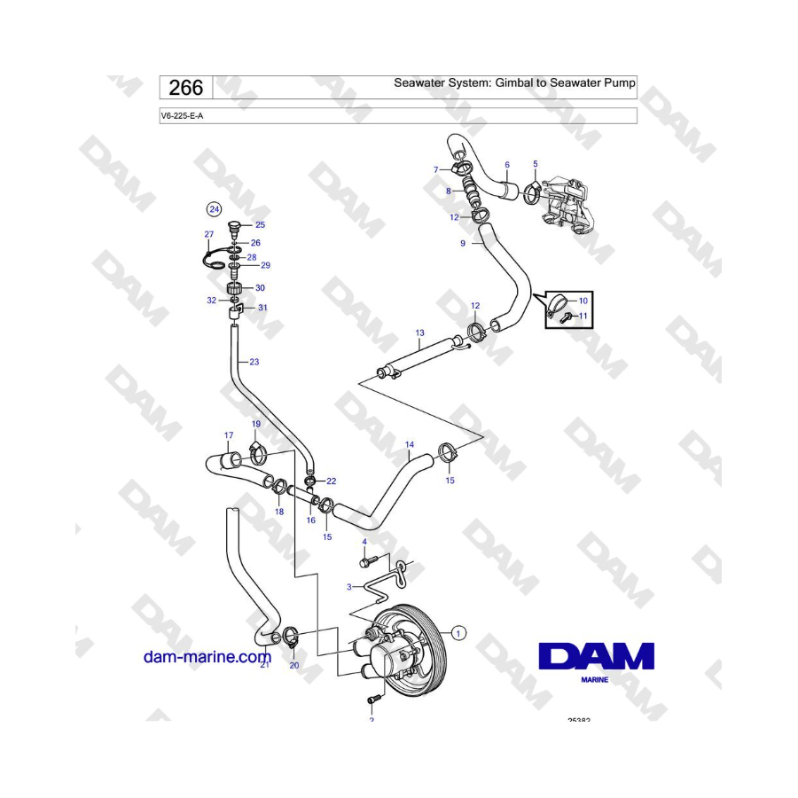 Volvo Penta V6-225 - Sistema de agua de mar: Gimbal a bomba de agua de mar