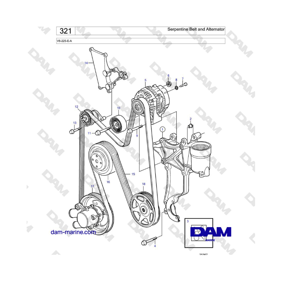 Volvo Penta V6-225 - Correa serpentina y alternador