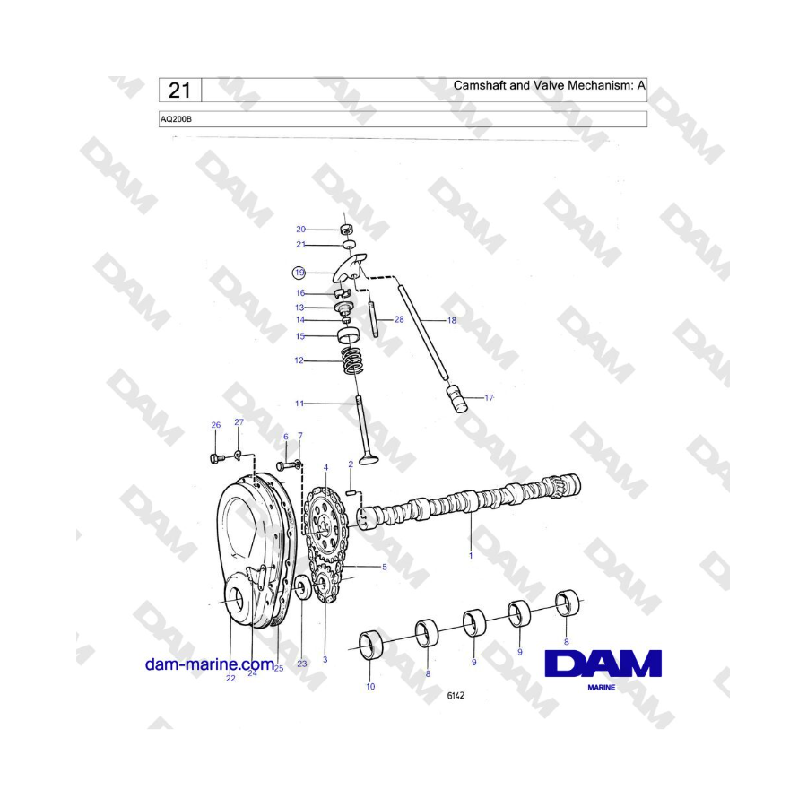 Volvo Penta AQ200B - Árbol de levas y mecanismo de válvulas: A