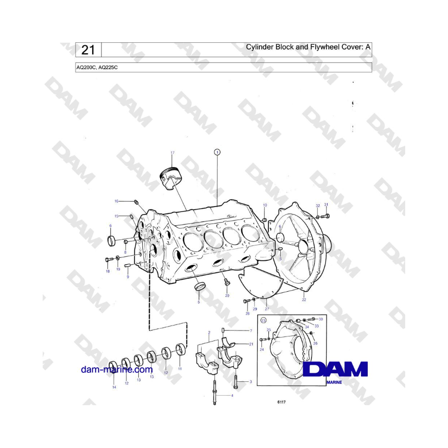 Volvo Penta AQ200C / AQ225C - Bloque de cilindros y tapa del volante: A