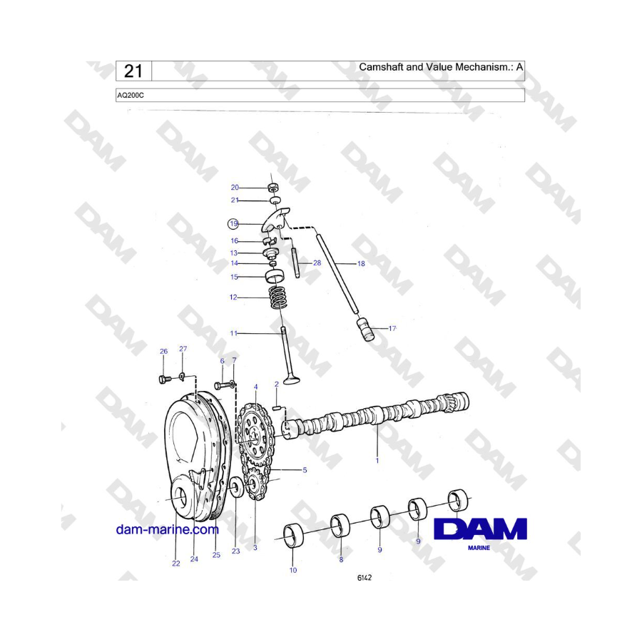 Volvo Penta AQ200C - Árbol de levas y mecanismo de valor.: A