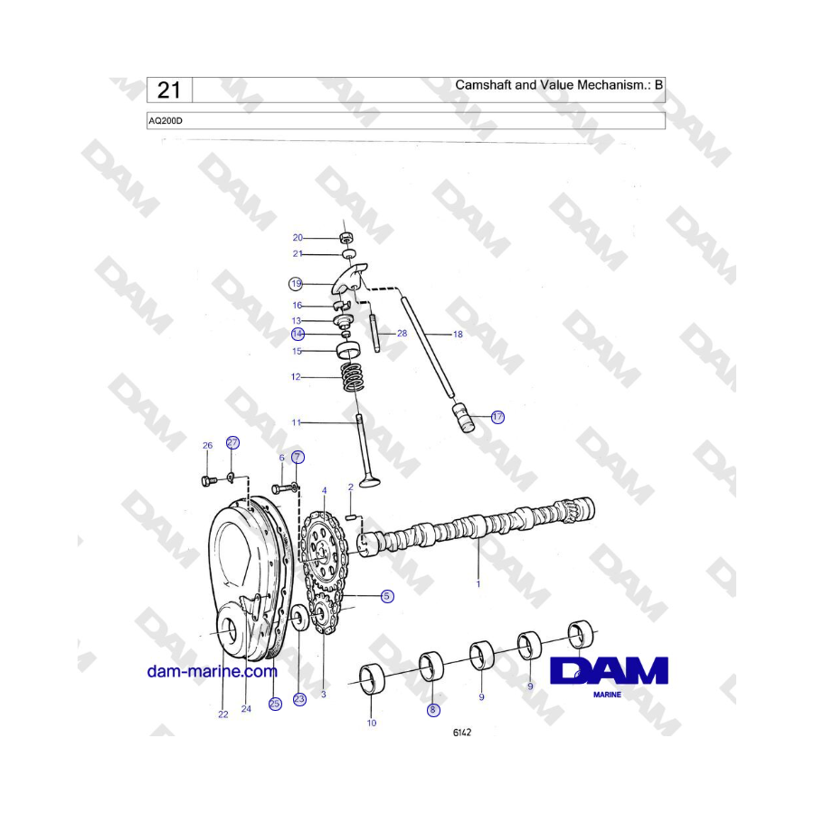 Volvo Penta AQ200D - Árbol de levas y mecanismo de valor: B