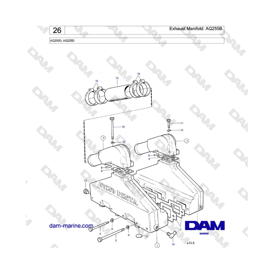 Volvo Penta AQ200D, AQ225D - Colector de escape: AQ255B