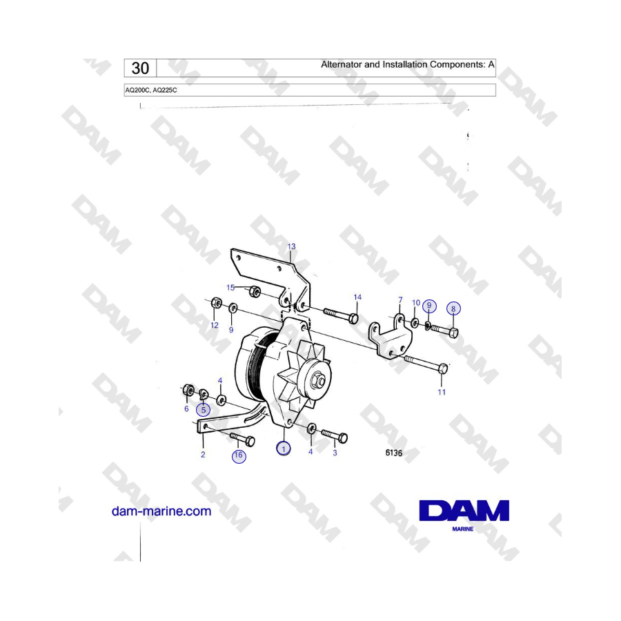 Volvo Penta AQ200C, AQ225C - Alternador y componentes de instalación: A