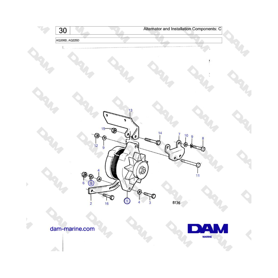 Volvo Penta AQ200D, AQ225D - Alternador y componentes de instalación: C