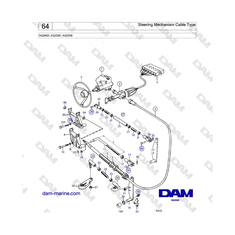 Volvo Penta AQ200D, AQ225D, AQ255B - Steering Mechanism Cable Type